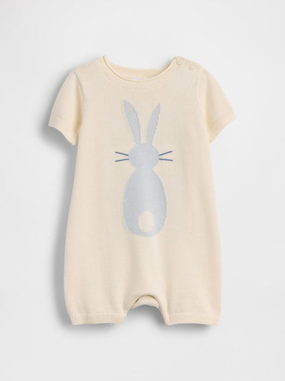 Sarı Bunny Işlemeli Triko Kısa Tulum
