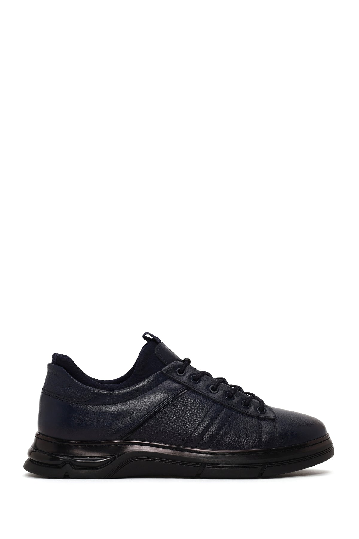 Erkek Lacivert Bağcıklı Deri Sneaker