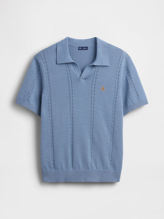 Açık Mavi Relaxed Johnny Yaka Pointelle Triko Polo T-shirt