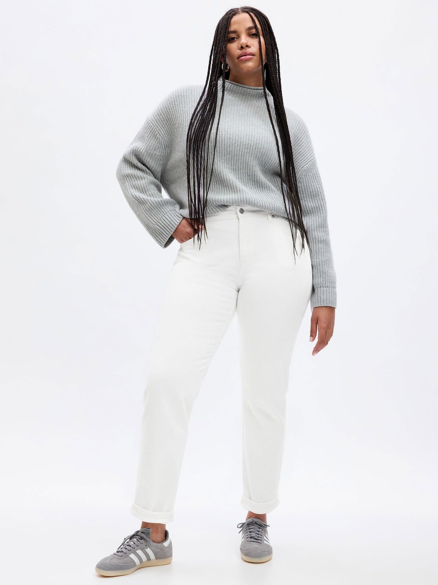 Beyaz Mid Rise Girlfriend Jean Pantolon