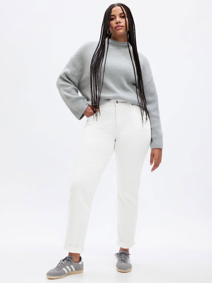 Beyaz Mid Rise Girlfriend Jean Pantolon