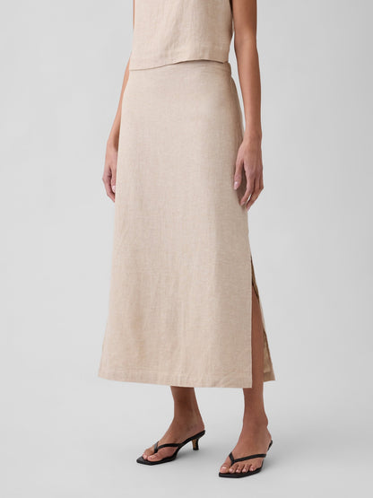 Bej Keten Karışımı Maxi Slip Etek