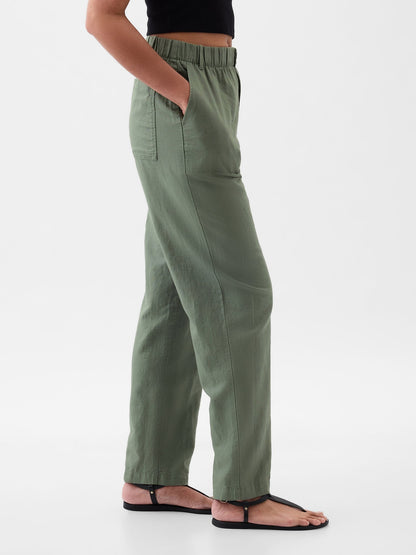 Haki High Rise Keten Karışımlı Pull-on Pantolon