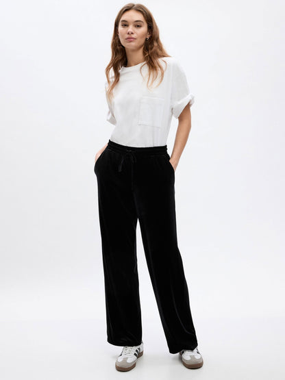 Siyah Mid Rise Kadife Wide Leg Pantolon