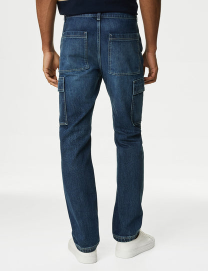 Saf Pamuklu Straight Fit Kargo Jean Pantolon