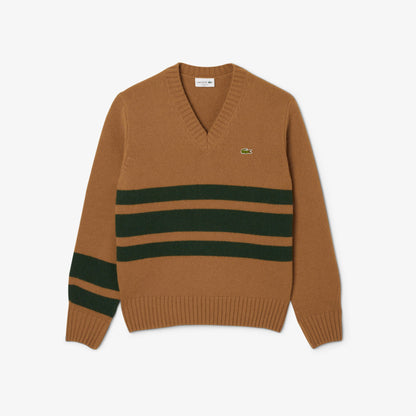Lacoste Erkek Classic Fit V Yaka Çizgili Kahverengi Kazak