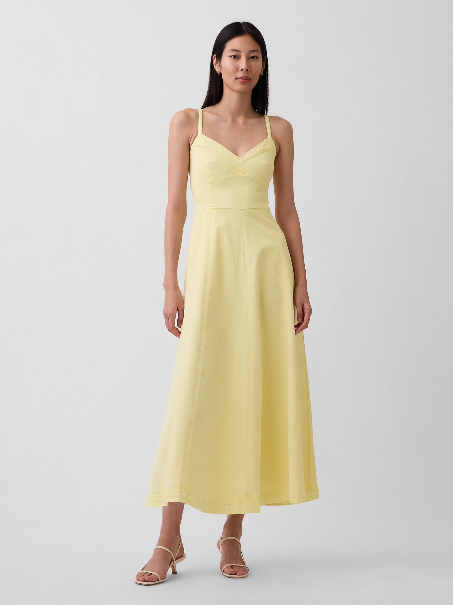 Sarı Denim Seamed Korse Maxi Elbise