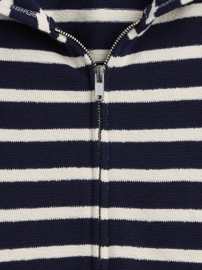 Kırmızı Havlu Terry Oversized Çizgili Fermuarlı Sweatshirt