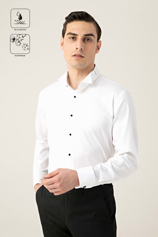 Damat Slim Fit Beyaz Düz %100 Pamuk Nano Care Smokin Gömlek