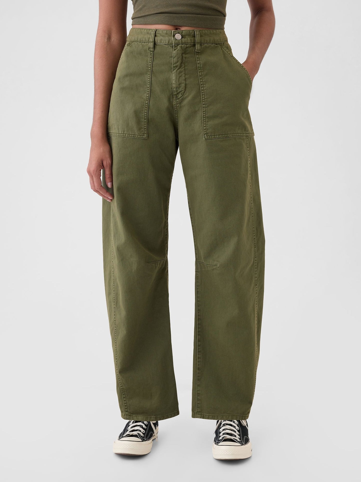 Haki Mid Rise Twill Barrel Pantolon