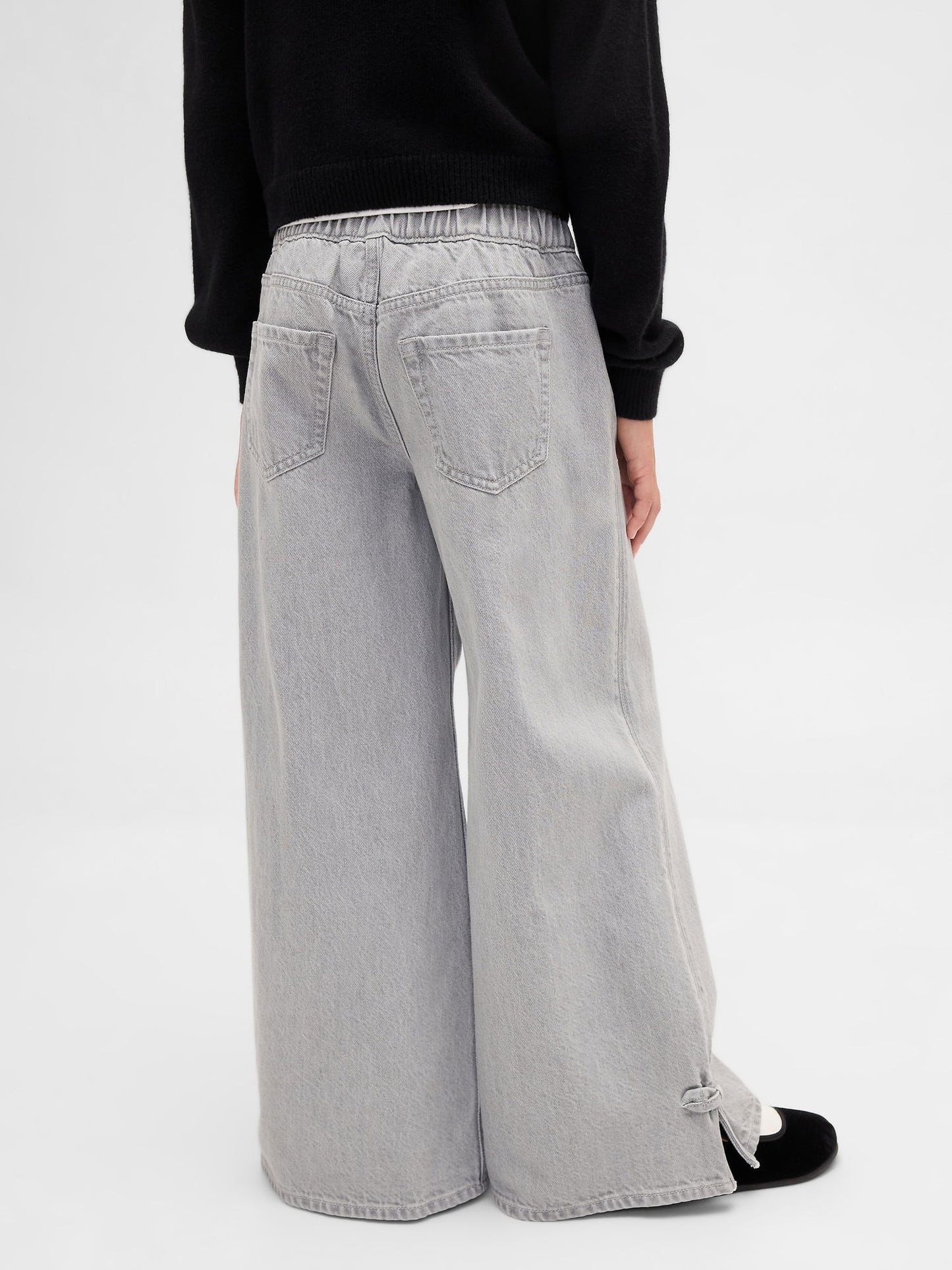 Gri Kids Düşük Bel Fiyonk Yırtmaçlı Baggy Jean Pantolon