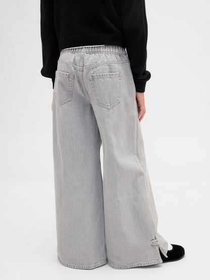 Gri Kids Düşük Bel Fiyonk Yırtmaçlı Baggy Jean Pantolon
