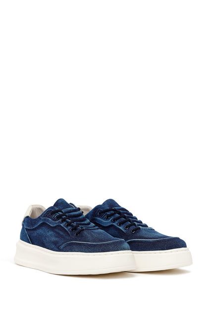 Erkek Lacivert Bağcıklı Kalın Tabanlı Kumaş Sneaker
