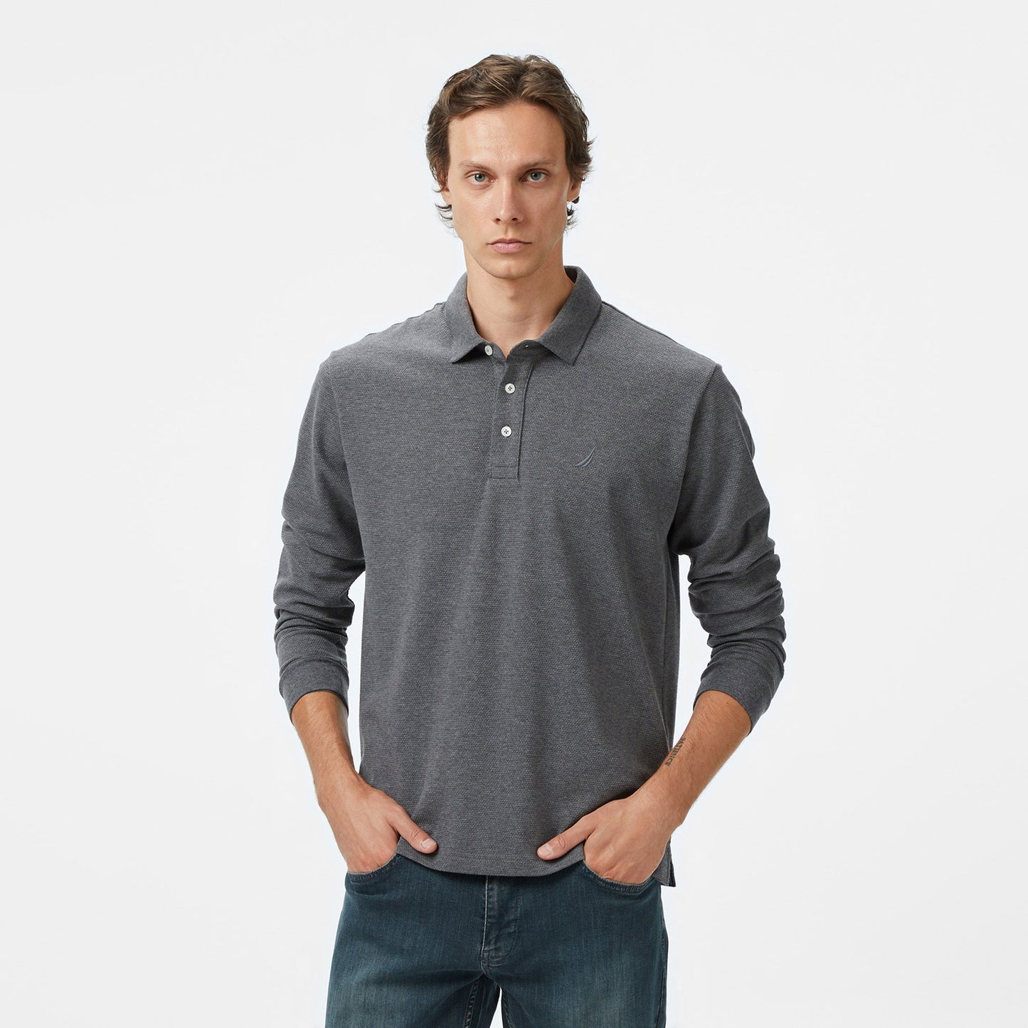 Nautica Erkek Gri Classic Fit Uzun Kollu Polo Yaka T-shirt