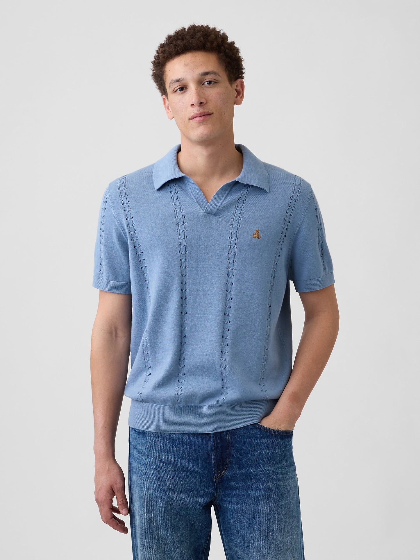 Açık Mavi Relaxed Johnny Yaka Pointelle Triko Polo T-shirt