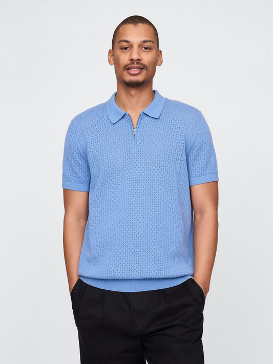 Mavi Kroşe Örgü Polo Yaka T-Shirt