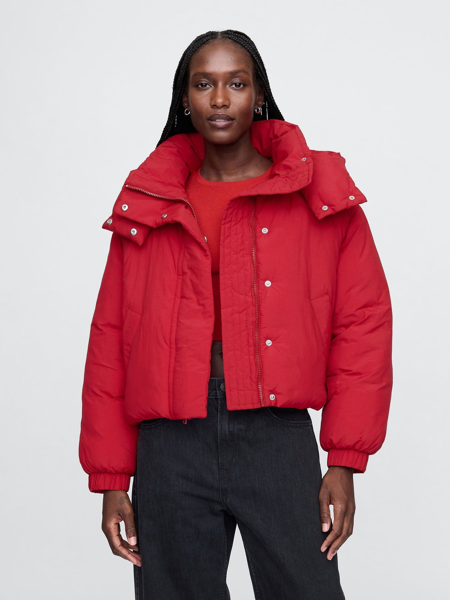 Kırmızı Crop Puffer Mont