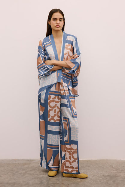 Bağlamalı Desenli Indigo Kimono
