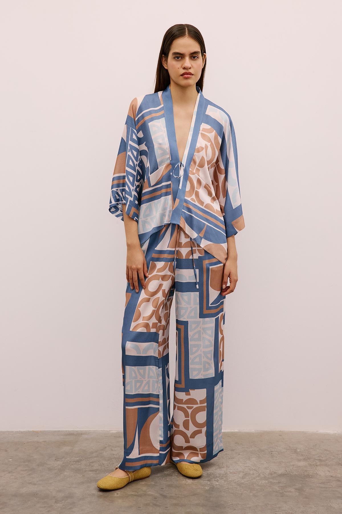 Bağlamalı Desenli Indigo Kimono