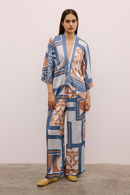 Bağlamalı Desenli Indigo Kimono