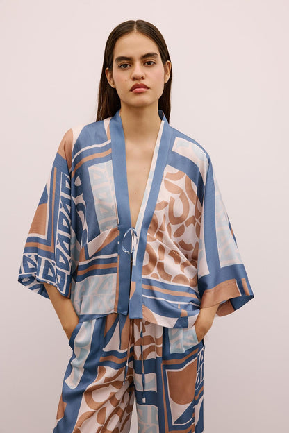 Bağlamalı Desenli Indigo Kimono