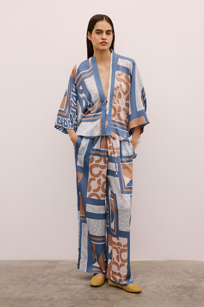 Bağlamalı Desenli Indigo Kimono