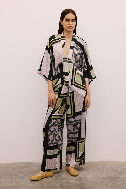 Bağlamalı Desenli Siyah Kimono