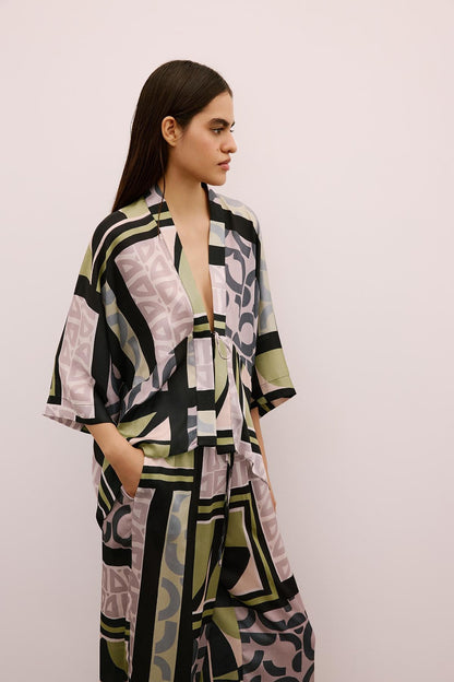 Bağlamalı Desenli Siyah Kimono