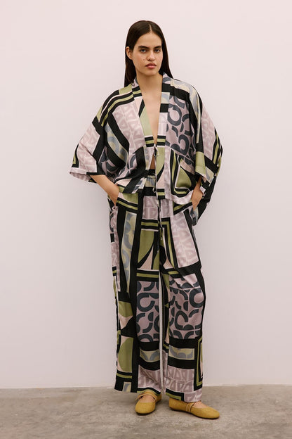 Bağlamalı Desenli Siyah Kimono