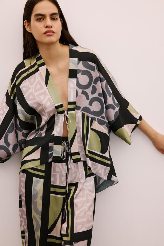 Bağlamalı Desenli Siyah Kimono