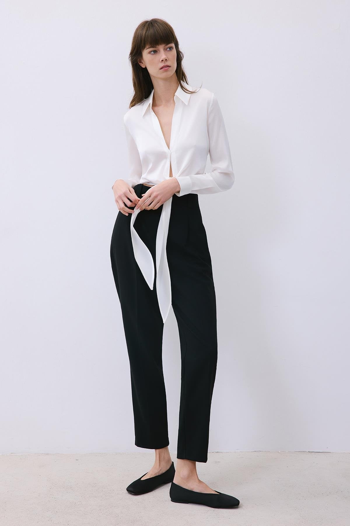 Bağlamalı Ipek Crop Ekru Gömlek Bluz