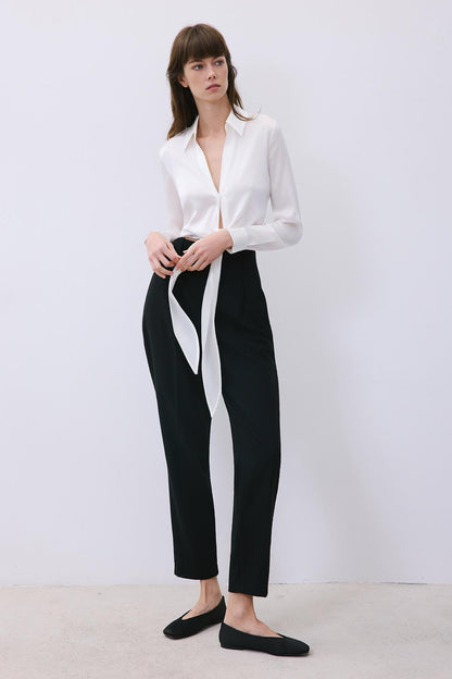 Bağlamalı Ipek Crop Ekru Gömlek Bluz