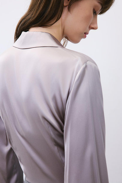 Bağlamalı Ipek Crop Gri Gömlek Bluz