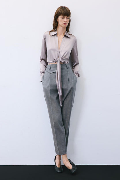 Bağlamalı Ipek Crop Gri Gömlek Bluz