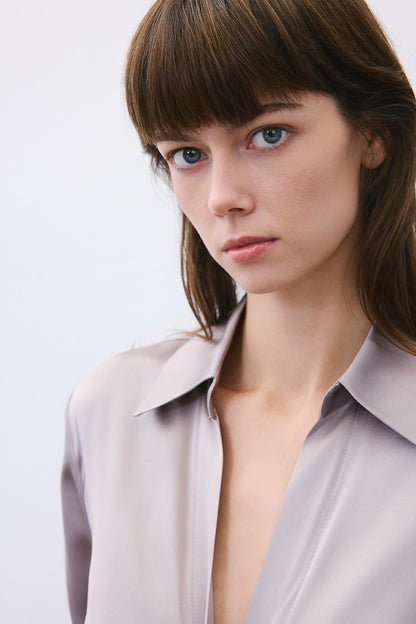 Bağlamalı Ipek Crop Gri Gömlek Bluz