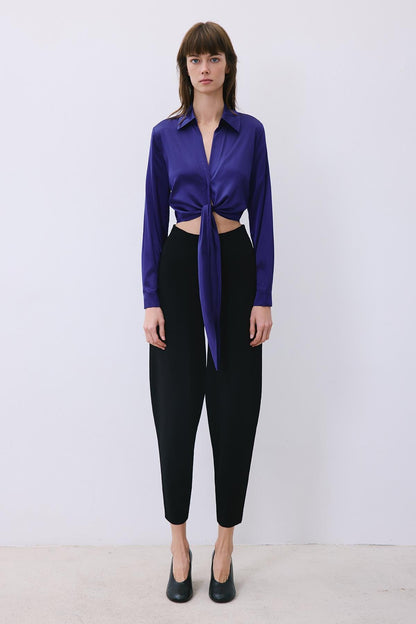 Bağlamalı Ipek Crop Lacivert Gömlek Bluz