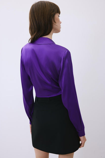 Bağlamalı Ipek Crop Mor Gömlek Bluz