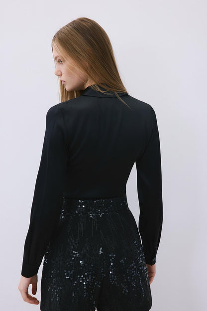 Bağlamalı Ipek Crop Siyah Gömlek Bluz