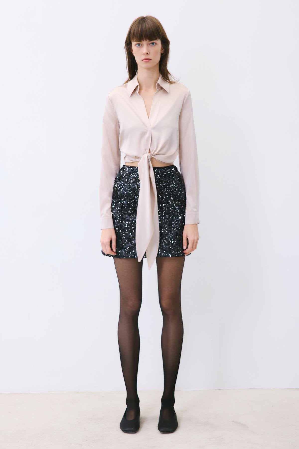 Bağlamalı Ipek Crop Taş Rengi Gömlek Bluz