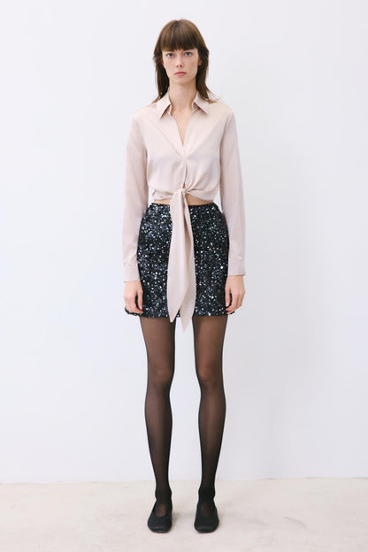 Bağlamalı Ipek Crop Taş Rengi Gömlek Bluz