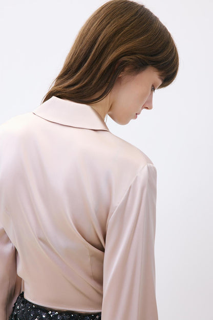 Bağlamalı Ipek Crop Taş Rengi Gömlek Bluz