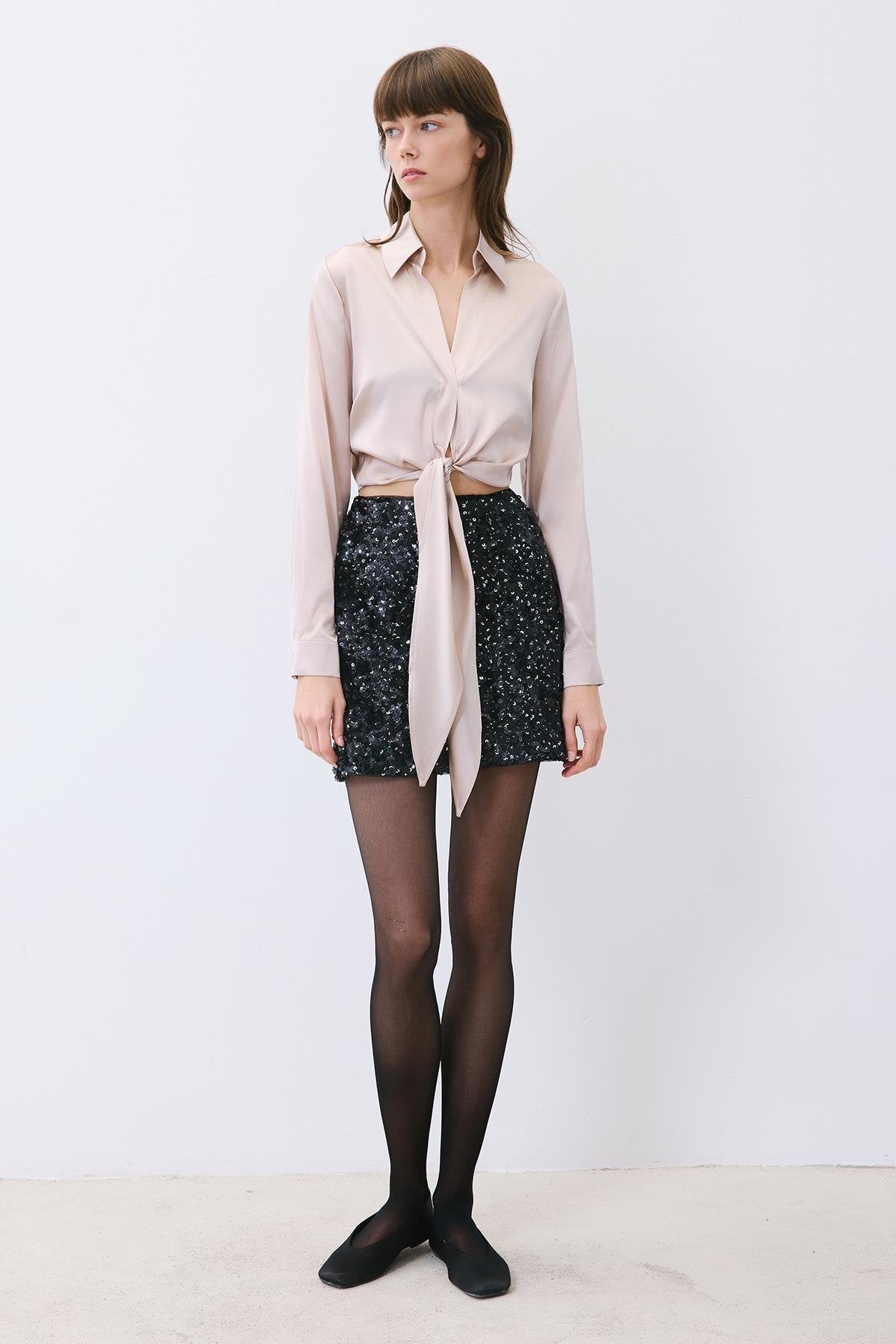 Bağlamalı Ipek Crop Taş Rengi Gömlek Bluz