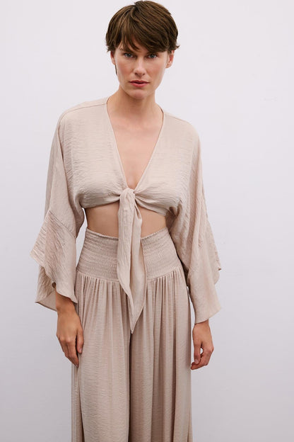 Bağlamalı Rahat Bej Crop Bluz