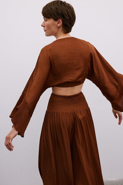 Bağlamalı Rahat Kahve Crop Bluz