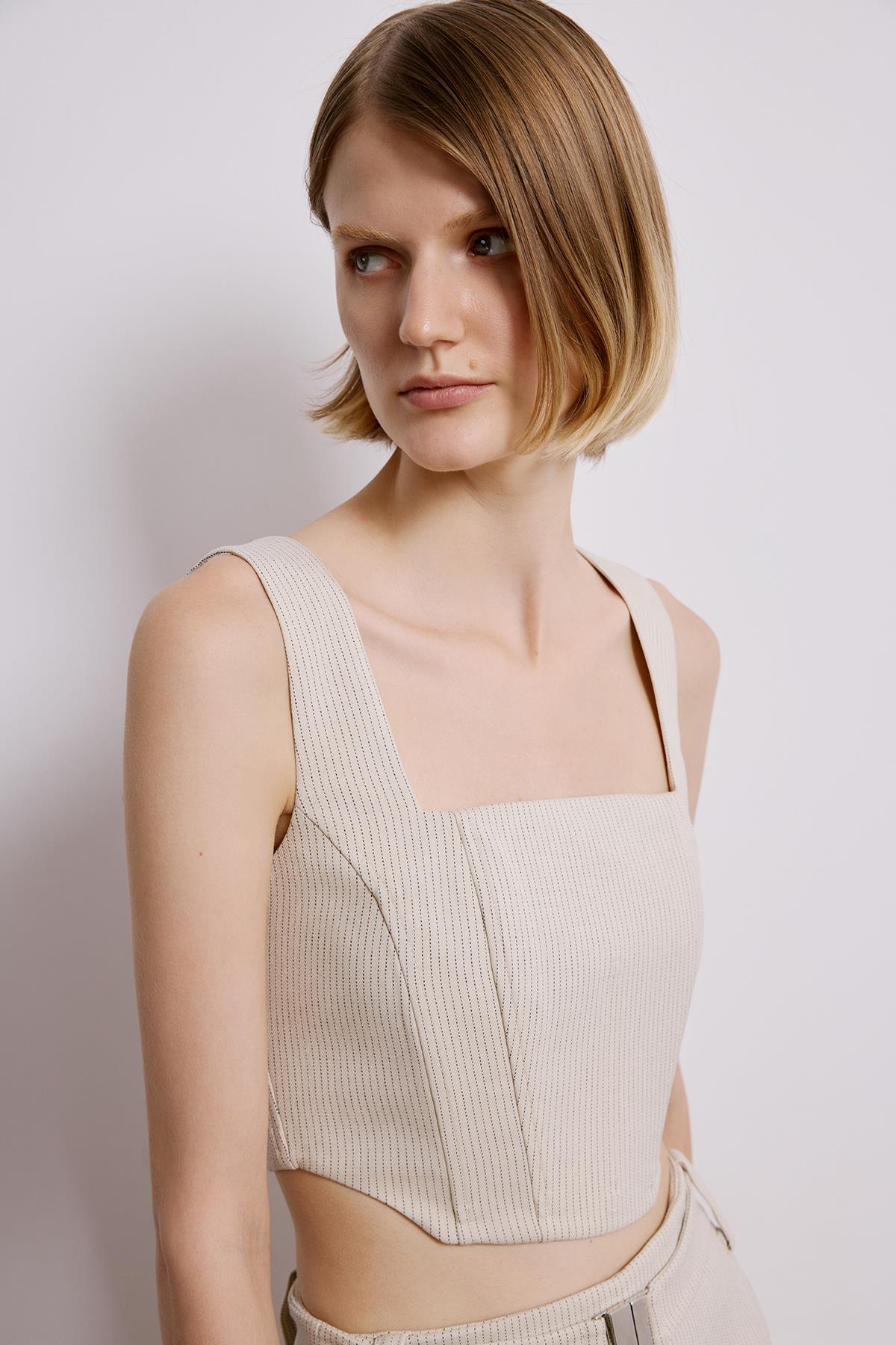 Balen Detaylı Çizgili Ekru Crop Büstiyer