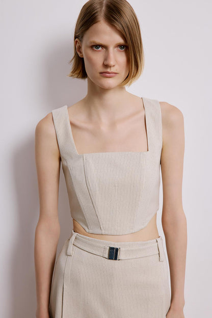 Balen Detaylı Çizgili Ekru Crop Büstiyer