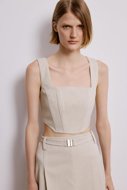 Balen Detaylı Çizgili Ekru Crop Büstiyer
