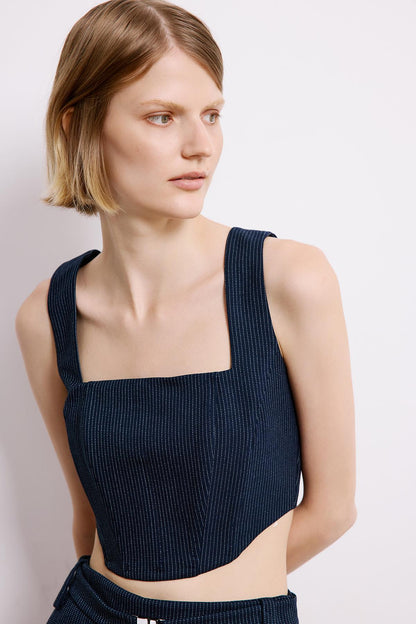 Balen Detaylı Çizgili Lacivert Crop Büstiyer