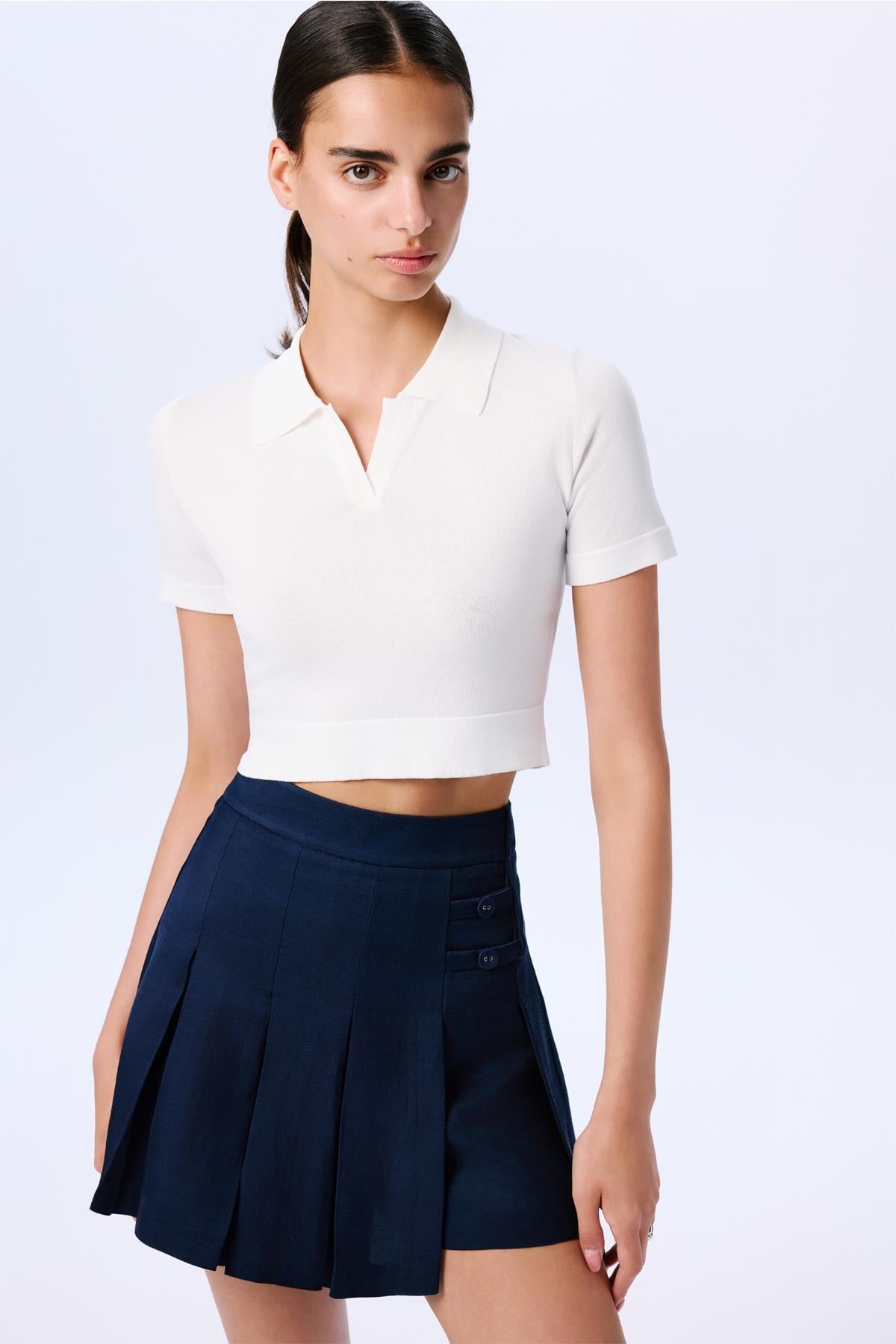 Basic Kısa Kollu Crop Ekru Bluz