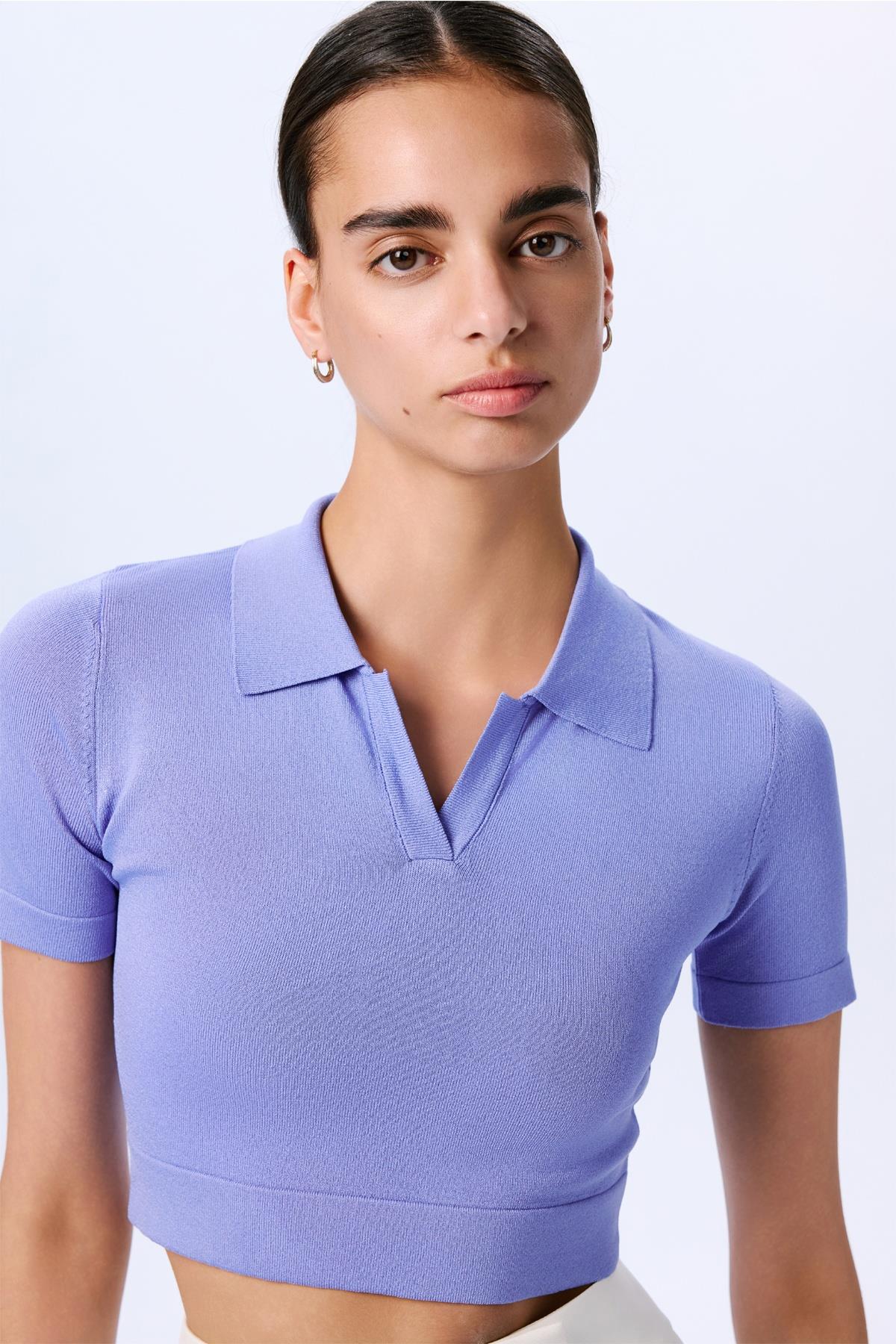Basic Kısa Kollu Crop Indigo Bluz